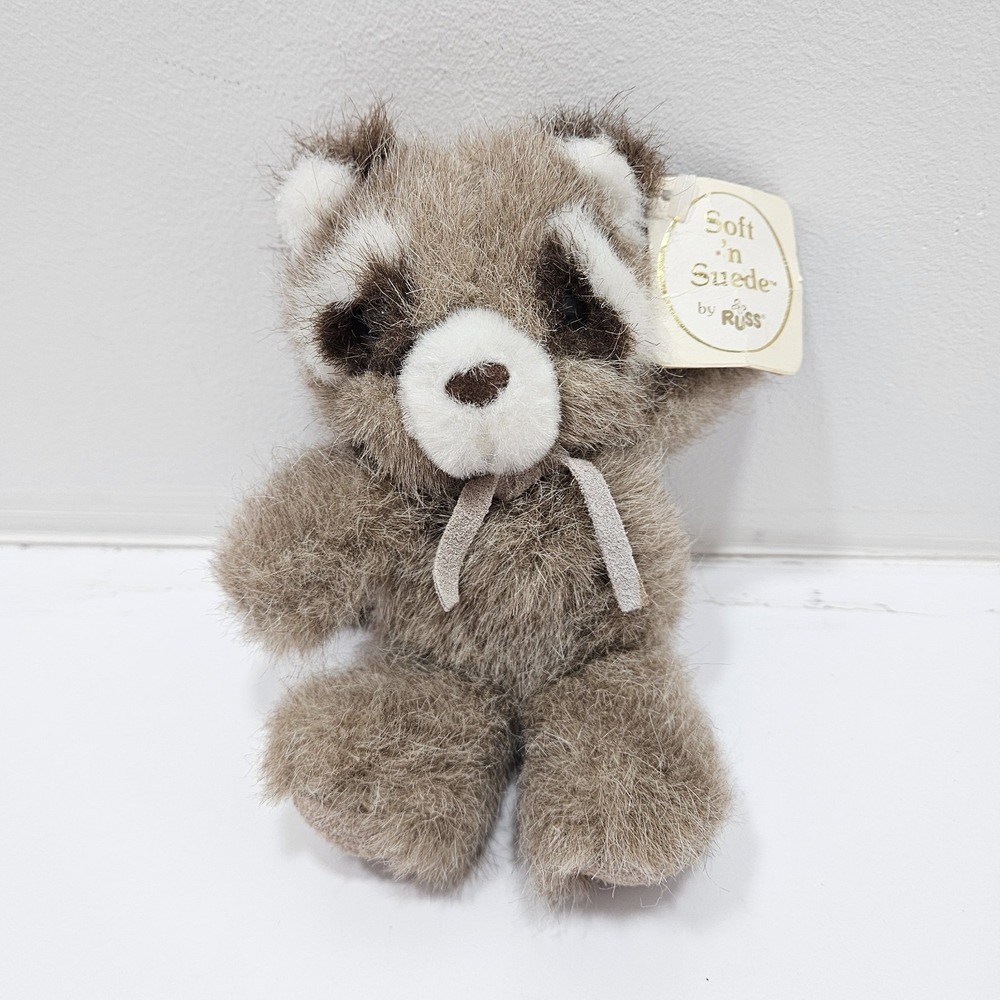 Vintage Russ Berrie‎ Soft'N Suede 6" plush stuffed Brown Raccoon With Tags